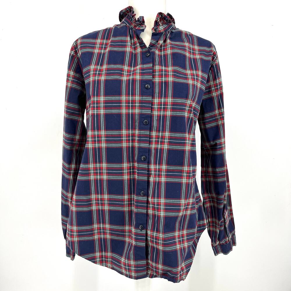 Hope & Henry Women's 10 Blue‎ Red Plaid Tartan Long Sleeve Ruffle Neck Blouse